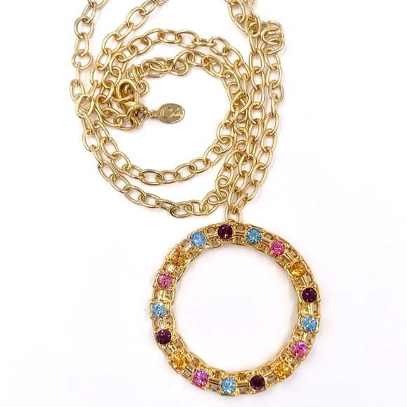 CAT DEELEY MODERN VINTAGE NECKLACE GOLD TONE RHINESTONE CIRCLE PENDANT - Picture 6 of 9